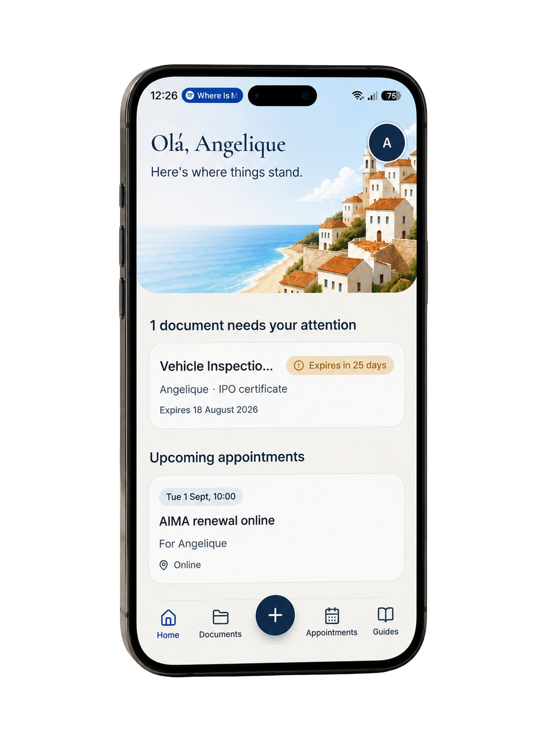 Documentos app shown on a phone, with today's document reminders and upcoming appointments